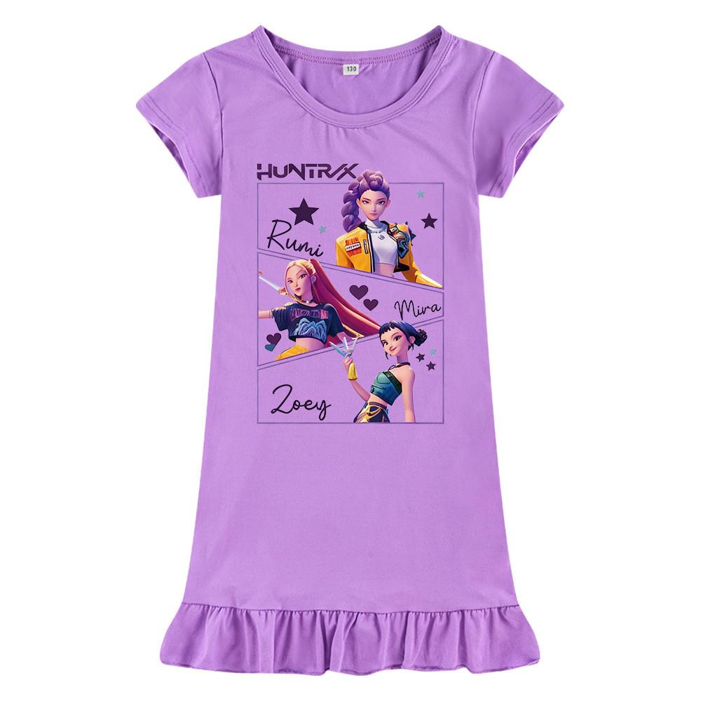 

M1241 Детское платье для девочек Kpop Rumi Zoey Mira с принтом, короткими рукавами и оборками 150cm фиолетовый