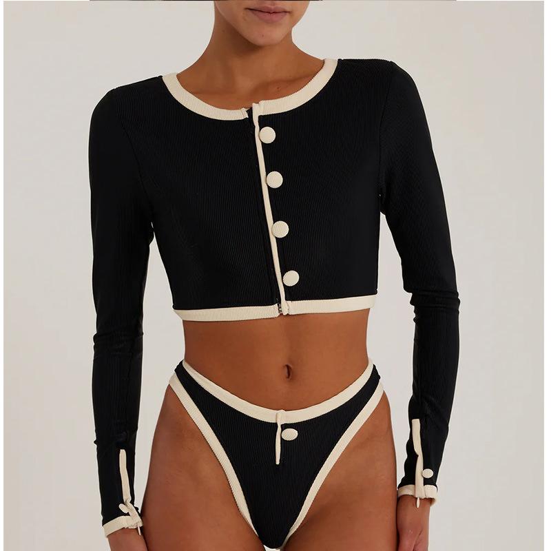 

Long Sleeve Black and White Swimsuit Women s Ins Wind Triangle High Waist Split Color Matching Bikini S чёрный