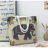 Ethnic Style Elephant Embroidered Canvas Shoulder Bag With Cotton Rope Strap For Casual Travel