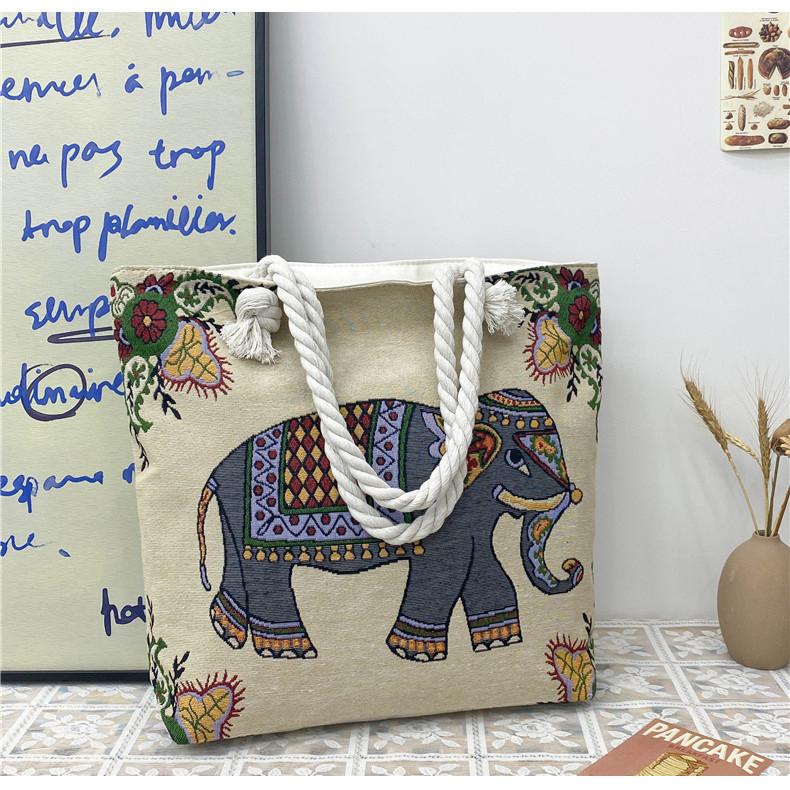Ethnic Style Elephant Embroidered Canvas Shoulder Bag With Cotton Rope Strap For Casual Travel