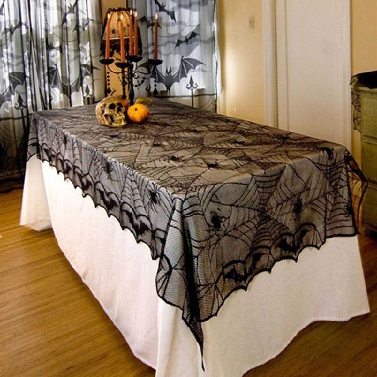 Rectangular Polyester Lace Tablecloth Black Spider Web Table Topper 48x96 inch