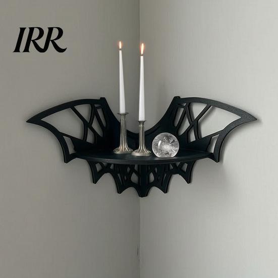 Small Floating Rack Halloween Bat Corner Shelf, Decorative Wooden Wall Mount Display Unique Storage Spiderweb Design Gothic for Home, Bedroom, Kitchen