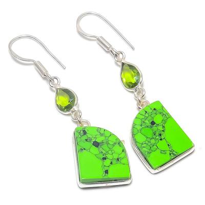 Natural Green Turquoise, Peridot Gemstone 925 Sterling Silver Earring 2.01" I5D78