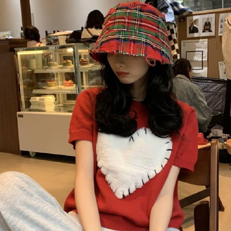 Chic Red Plaid Bucket Hat For Women Vintage Style Sun Protection Breathable Cotton