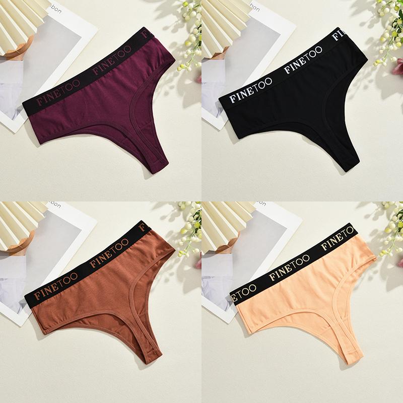 FINETOO 4Pcs Women Cotton Thongs Panties Female Ribbed High Rise G-String Ladies Sexy Bikini 6 Solid Color Girl Soft Intimates