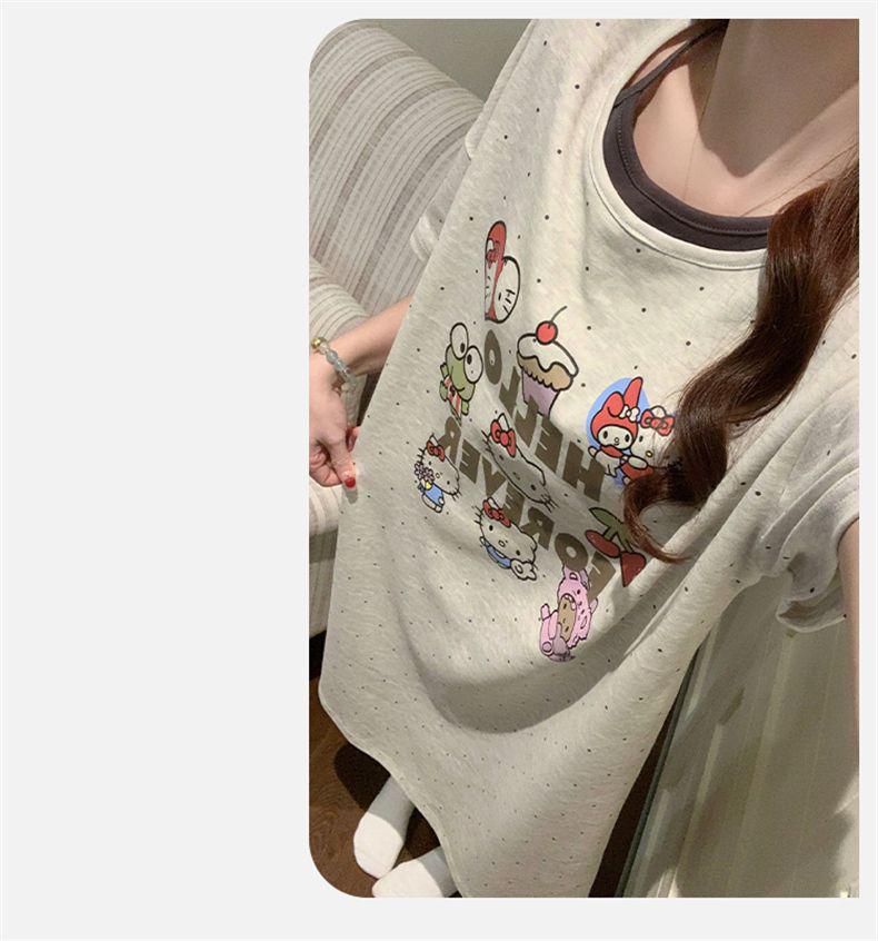 2026 Women's Grey Cartoon Summer Nightgown with Built-in Bra, Round Neck, Short Sleeve, Anti-Nipple, Thin Style for Outerwear and Home Wear.