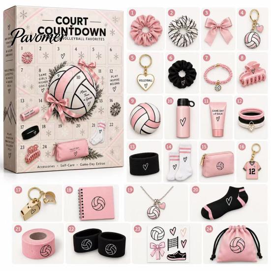Youth Sports Equipment Gift Volleyball Girl Advent Calendar, 24-Day Accessories Countdown Box Daily Wear Items for Students with Hair Ties Charms