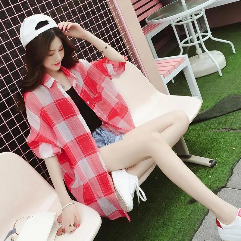 Women's Mid-length Plaid Shirt Long Loose Jacket Women's Sun Protection Clothing Large Size Loose Thin Jacket Ladies Long Chiffon Shirt