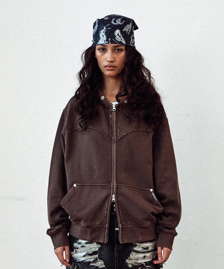 Thevinylhouse Dyed Hoodie Zip-Up Brown