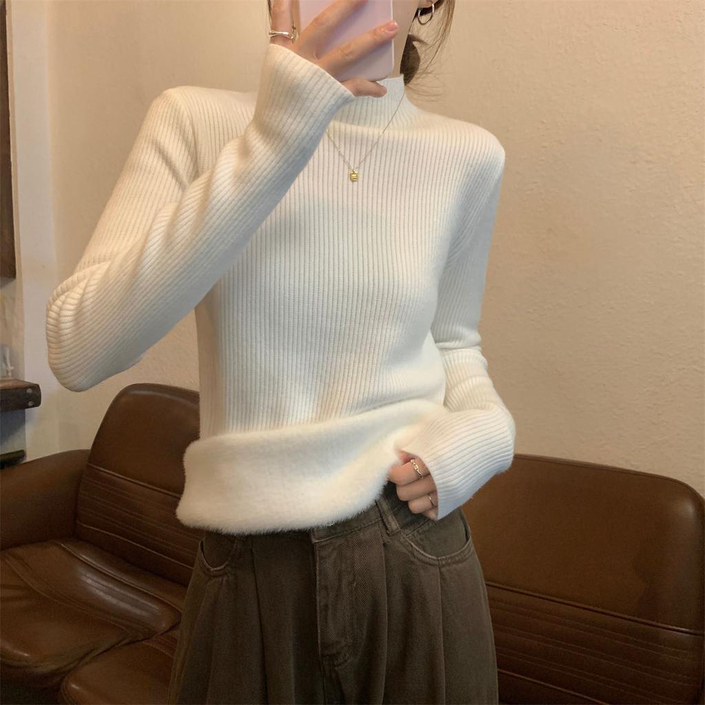 Stacked semi-turtleneck top, women's autumn and winter gentle long-sleeved inner stand-up collar casual velvet knitted bottoming sweater