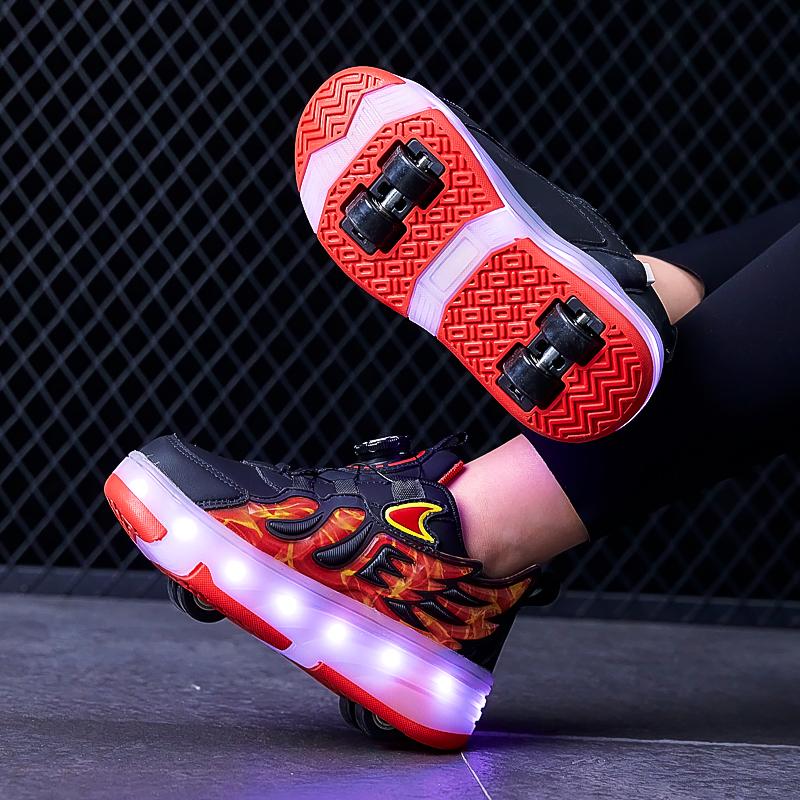28-37 Children's Four-wheel Disassembly Into Flat Sports Shoes LED Illuminated Children's Illuminated Sports Shoes