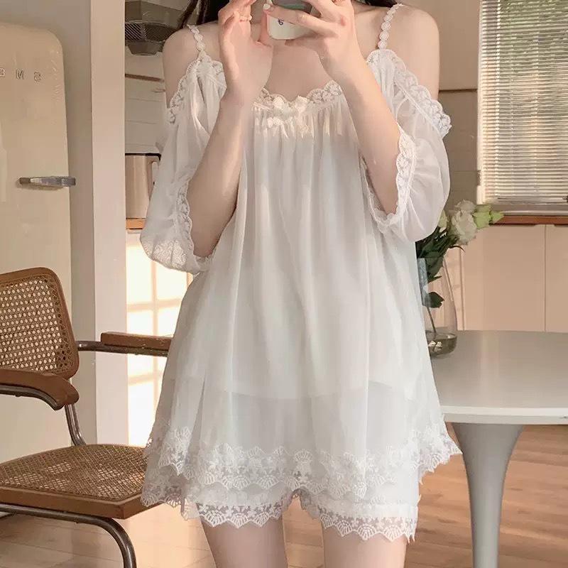 Plus-Size Women’s One-Shoulder Lace Trim Pajama Set - Princess Style, Outdoor Ready