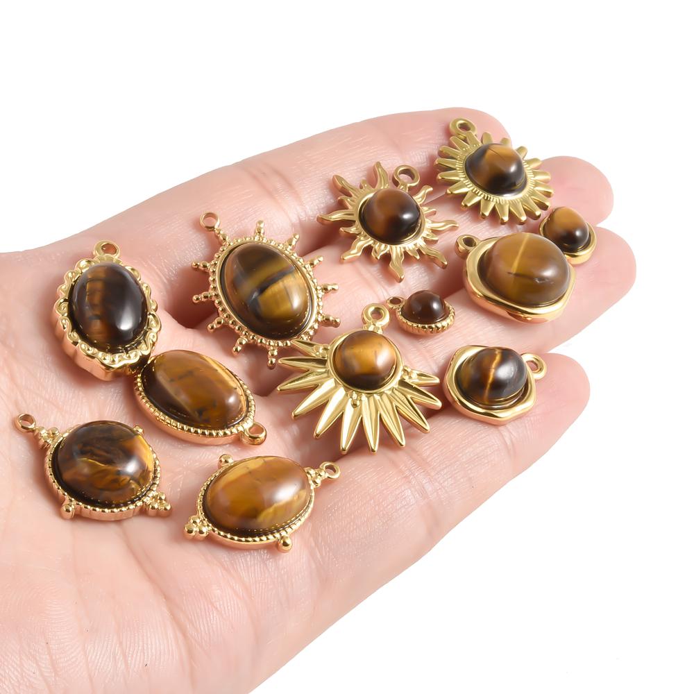 5pcs Real Natural Stone Tiger Eye Charm Sun Eye Oval Boho Pendant Gold Color Stainless Steel Pendants For Jewelry Making Finding