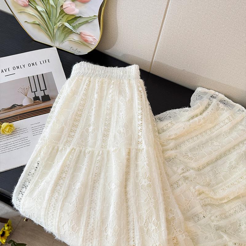 Elegant French Crochet Lace A-Line Midi Skirt for Women - High Waist, Autumn 2025 Collection