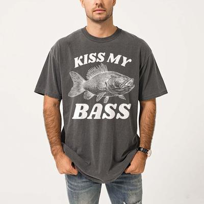 Retro Fishing Kiss My Bass Tee Funny Angler Funny Graphic Print T-shirt Men Women Summer New Tee Streetwear Short-sleeved Loose Casual Oversized Top