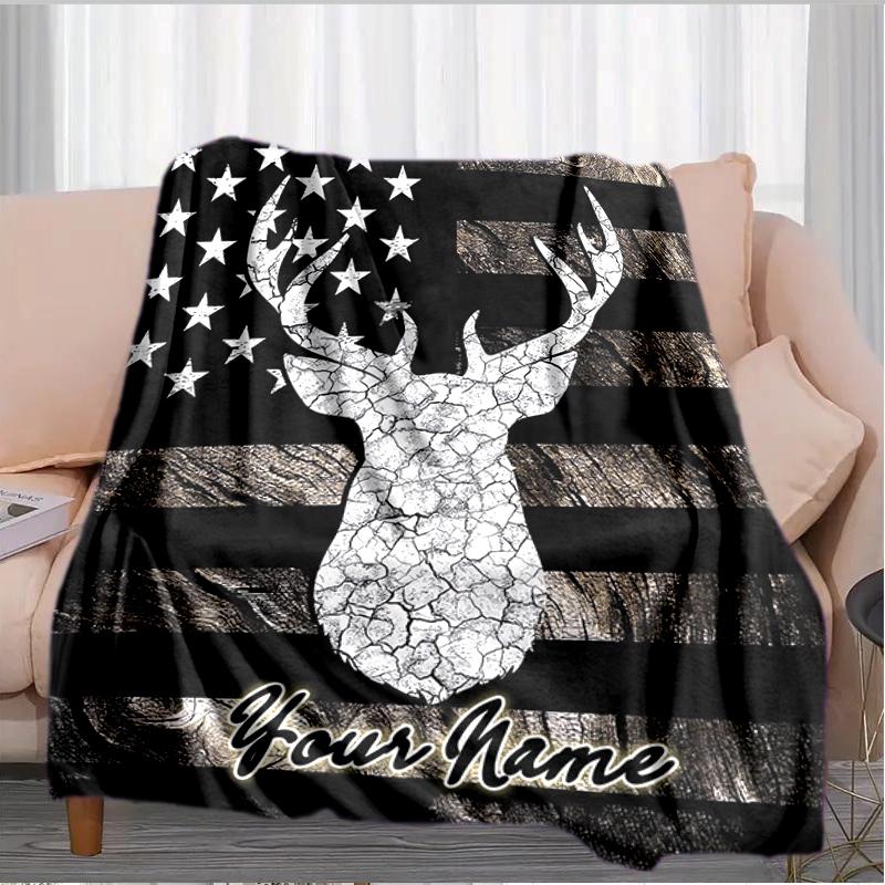 1PC Custom Name Deer Flag Art Flannel blankets Patterns Throw Blanket All-Season Soft Gift for Couch, Bed, Camping gifts