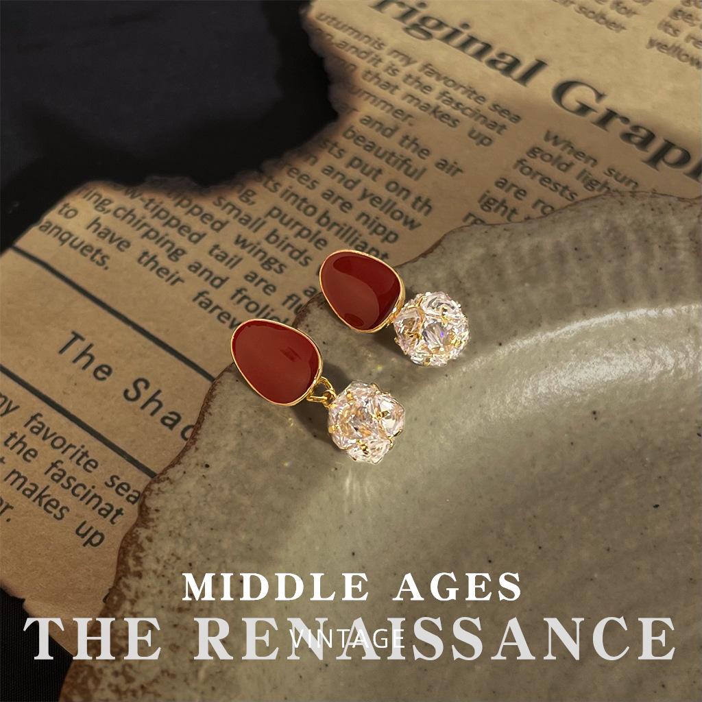 Burgundy Enamel Drop Glaze Earrings Collection Retro French Stud Earrings Hong Kong Style Earrings