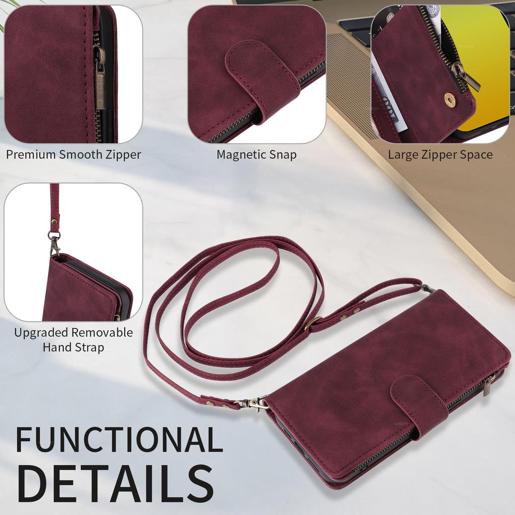 For iPhone 15 Plus Case Zipper Multi-Pocket Wallet Leather Phone Cover with Shoulder and Wrist Straps