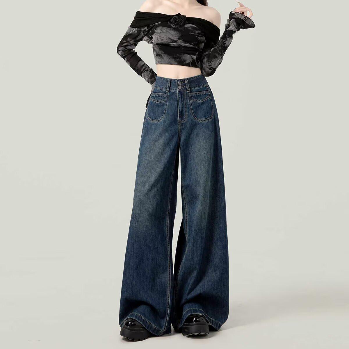 

Повседневные женские джинсы с высокой посадкой и широкими штанинами XL синий