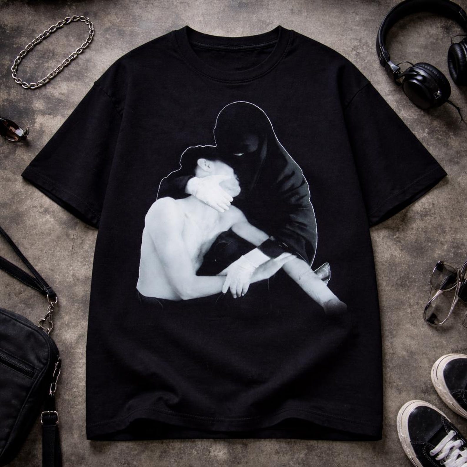 Crystal Castles Shadow Embrace T-Shirt III Album Cover | Monochrome Figurative Art, Moody Grunge 4XL