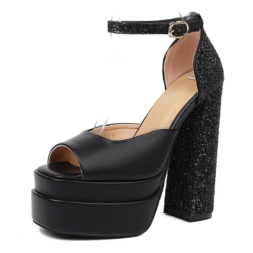 

Elegant Wedding Party Club Women Platform Sandals High Thick Heels Pink Rosy Bling Microfiber Patchwork Summer Ankle Strap Shoes 43 чёрный