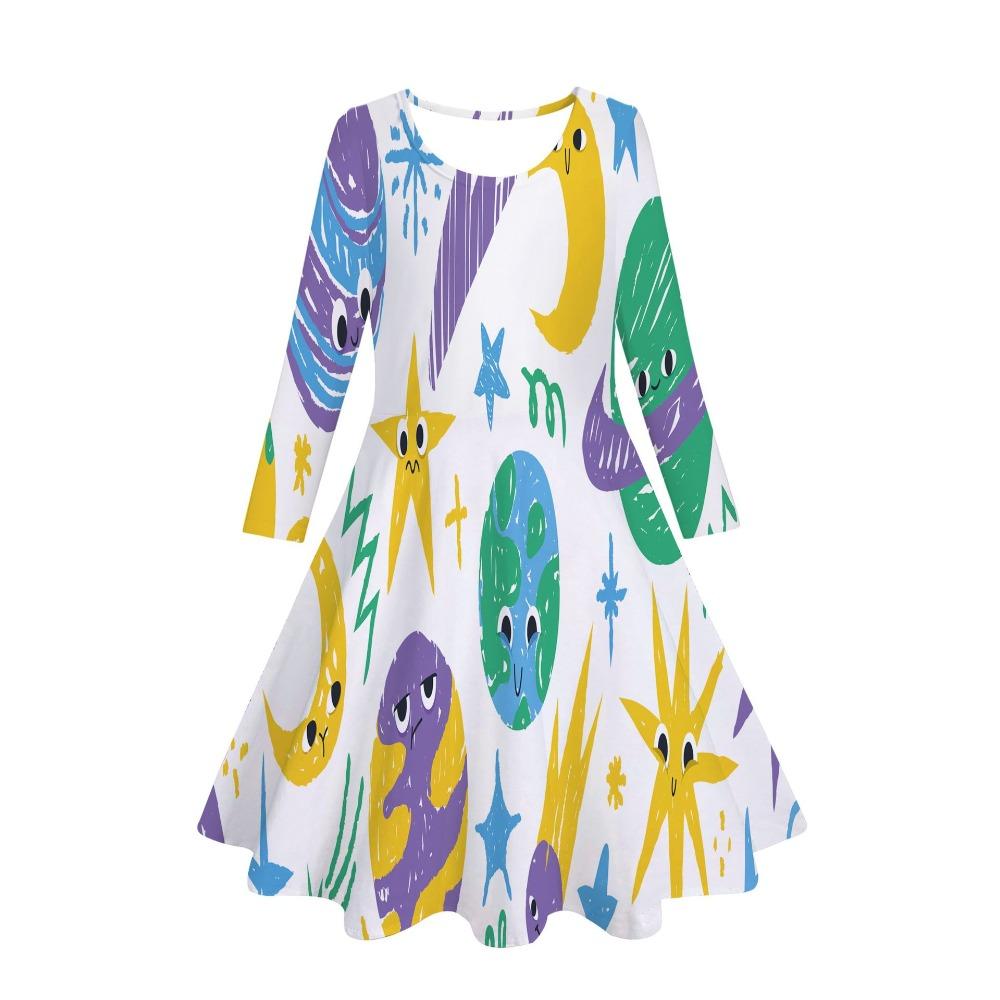 Girls' 3D Cute Sketch Dino Dress Long Sleeve Summer Spring Vacation Daily Holiday Princess Beautiful Sweet Kids 4-12 Years Casual Dress A Line Dress