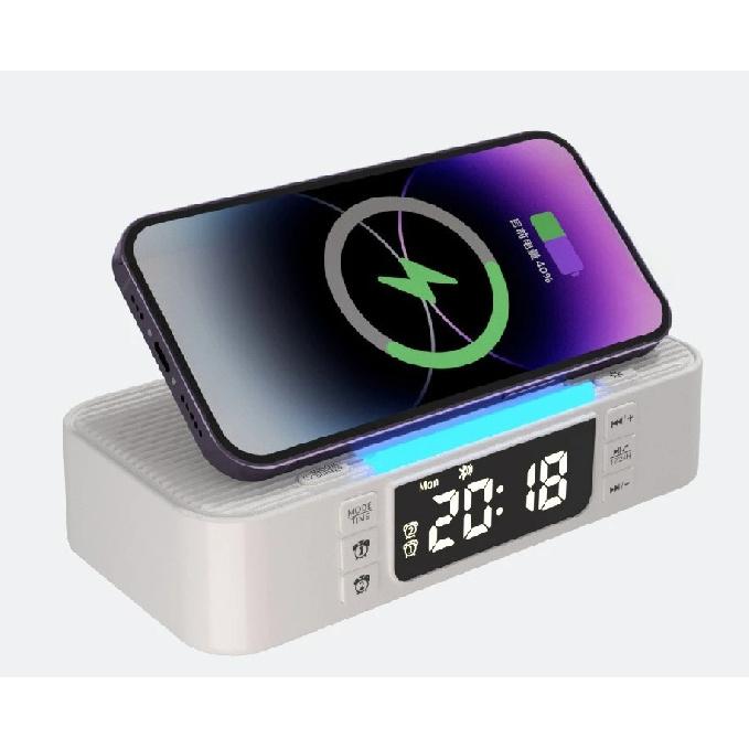Wireless Charging Bluetooth Speaker Clock FM Radio Night Light Electric Dual Speaker Loud Alarm Clock USB and Type-C port Charing for phone