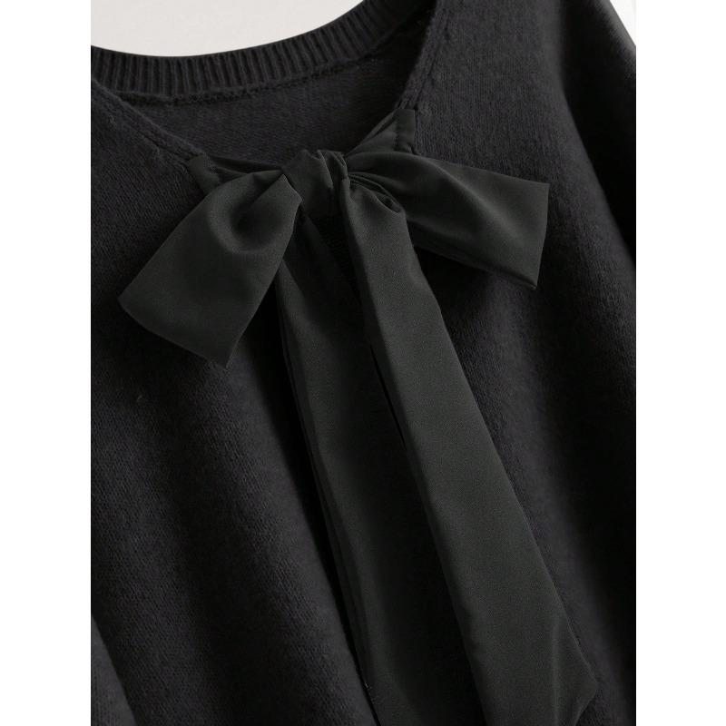 Women Loose V Neck Bow Thick Knitted Casual Sweater Outerwear