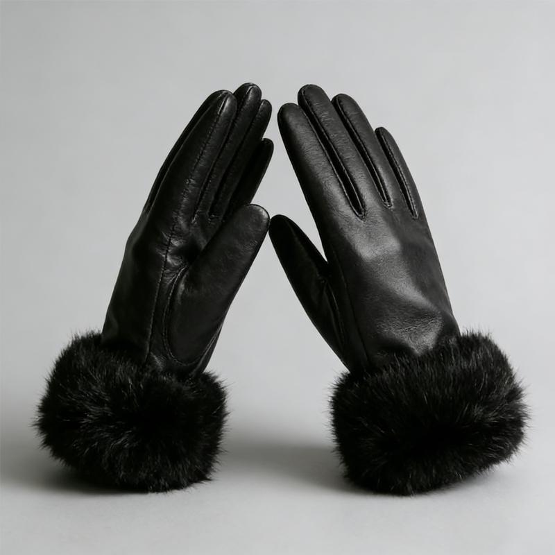 Zeyu Women s Winter Sheepskin Touchscreen Gloves Cute Korean Style Genuine Rabbit Fur Trim Cashmere-Lined Daily Outdoor M
