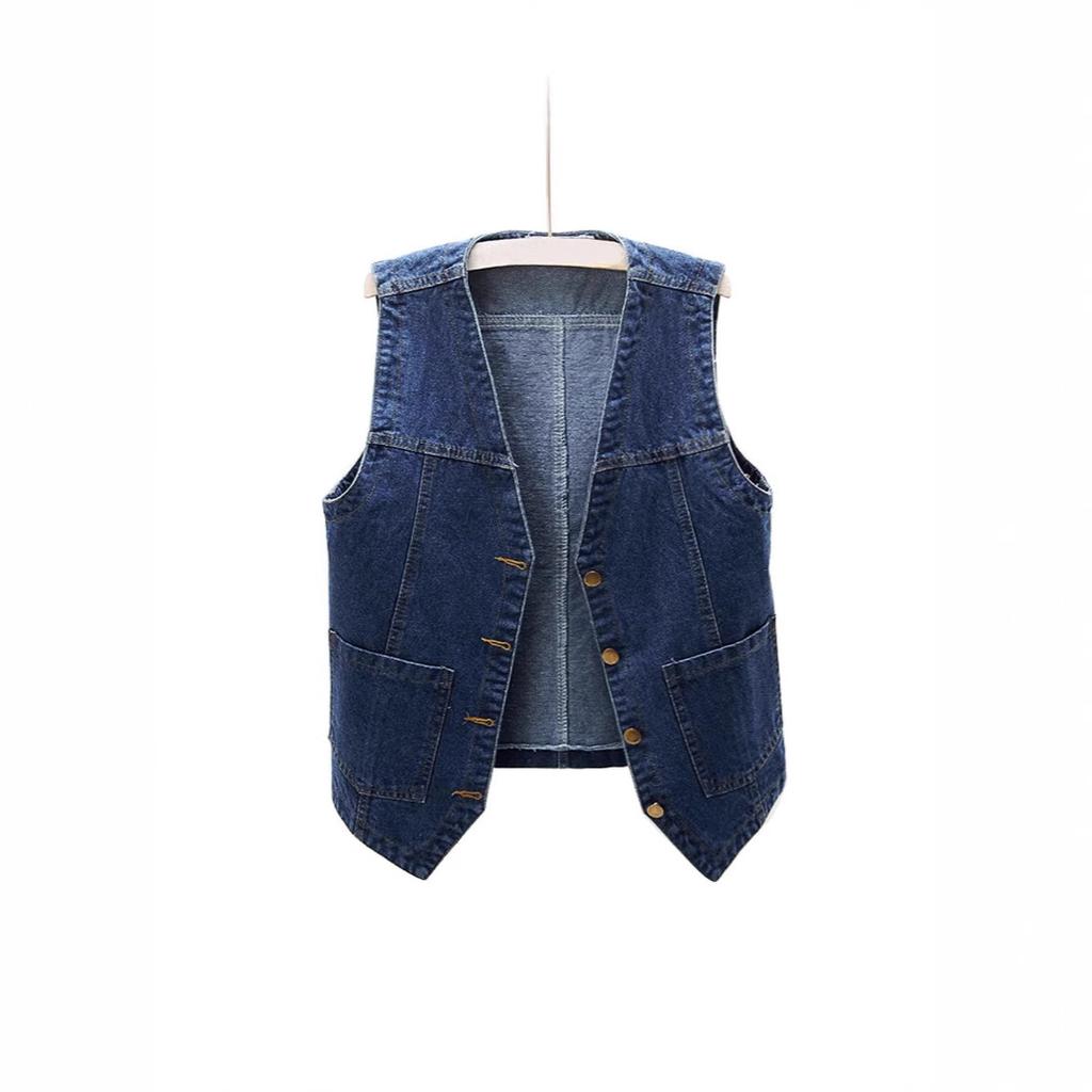 Women Sleeveless Denim Vest Casual Loose V Neck Waistcoat Single Breasted Pocket Jean Vest Short Outerwear Tank Jacket
