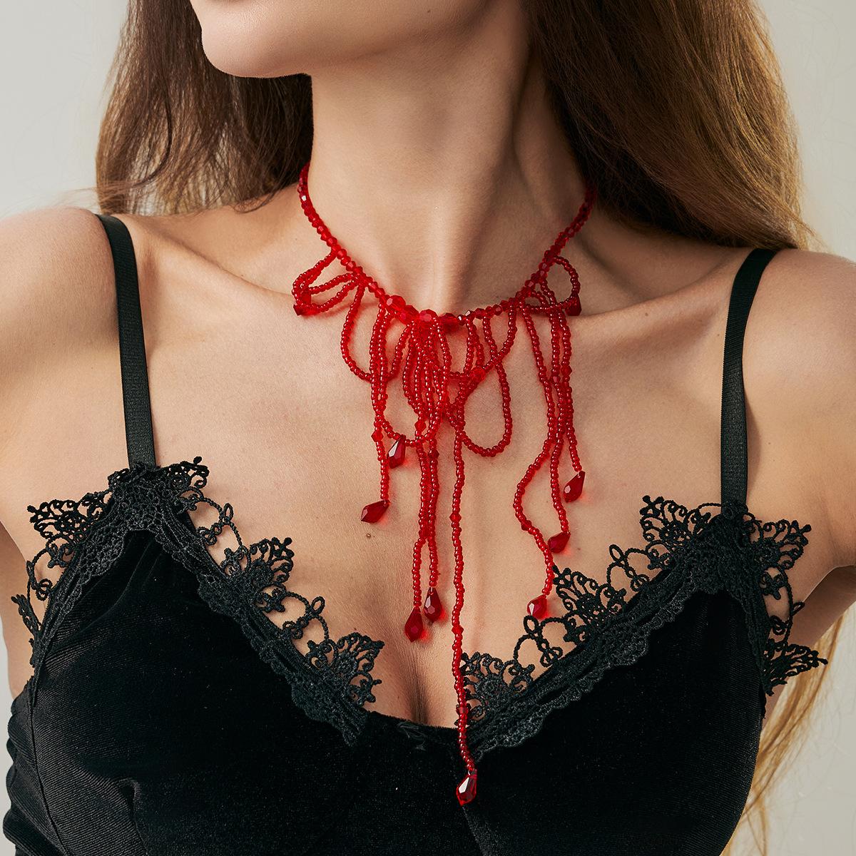 Halloween Crystal Blood-Dripping Fringe Necklace, Gothic Red Blood-Stained Imitation Pearl Beaded Necklace.