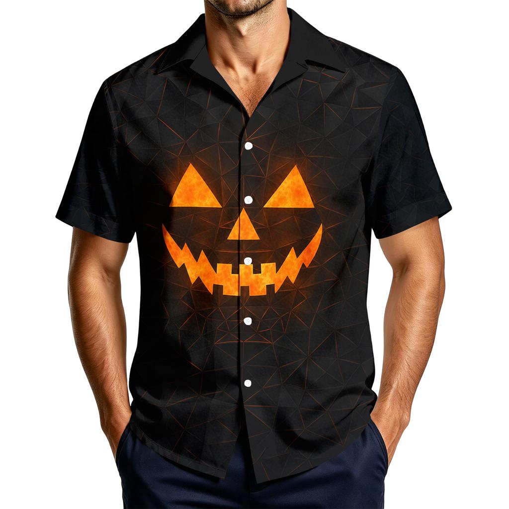 Men's Casual Short Sleeve Halloween Print Button Down Shirt
