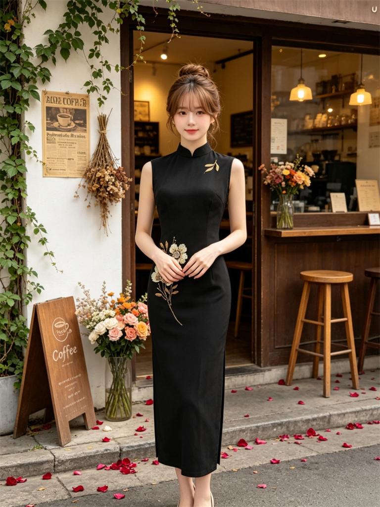 New Chinese-style improved cheongsam Roman cotton bead embroidery Hong Kong style sleeveless long cheongsam 1011 early autumn new daily wear