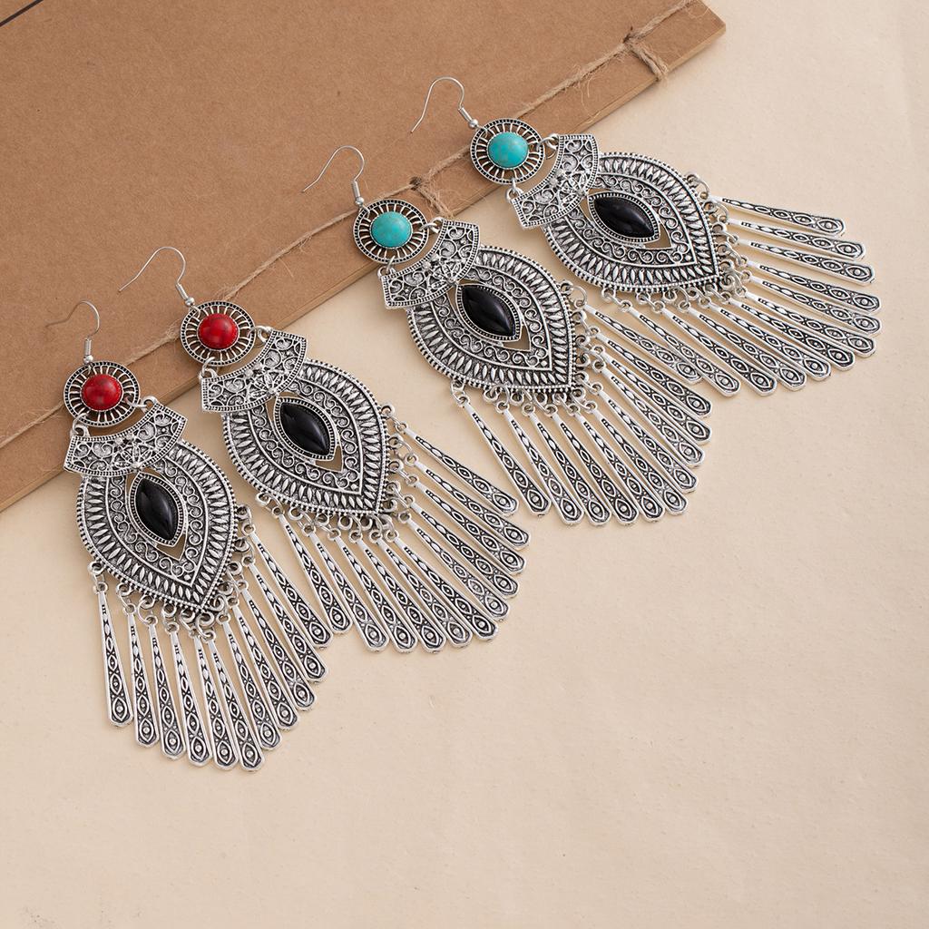 Bohemian Turquoise Long Fringed Stud Earrings Retro Imitation Miao Ethnic Style Earrings