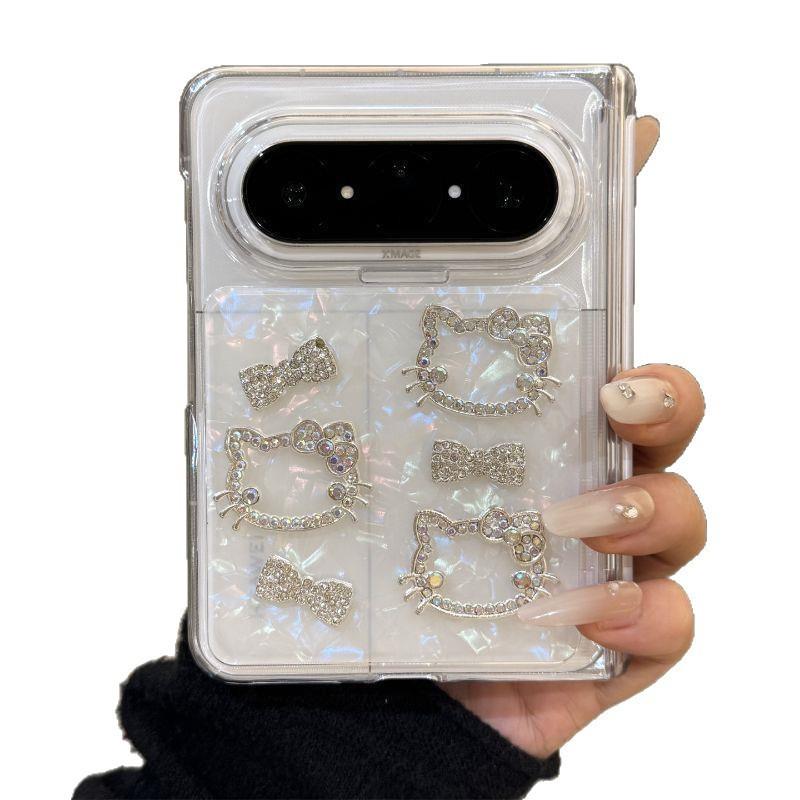 Kawaii KT Cat Makeup Mirror Phone Case Pura X Max Foldable Dual Hinge Shockproof TPU Cover With Chain
