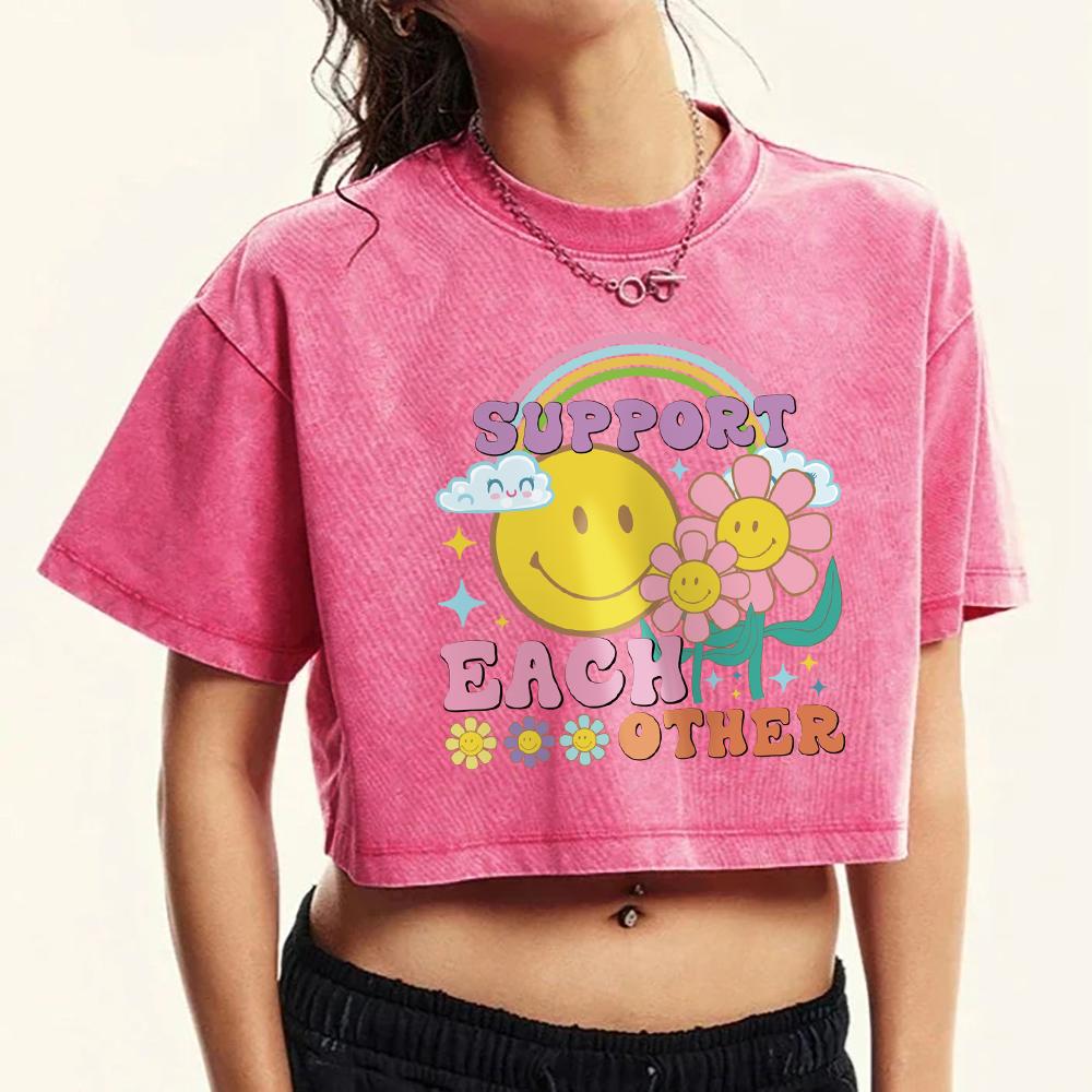 Unterstützt Euch Gegenseitig Regenbogenblumen Druck Gewaschenes T-Shirt Damen Sommer Baumwoll-Tops Mode Fitness T-Shirts T-Shirt