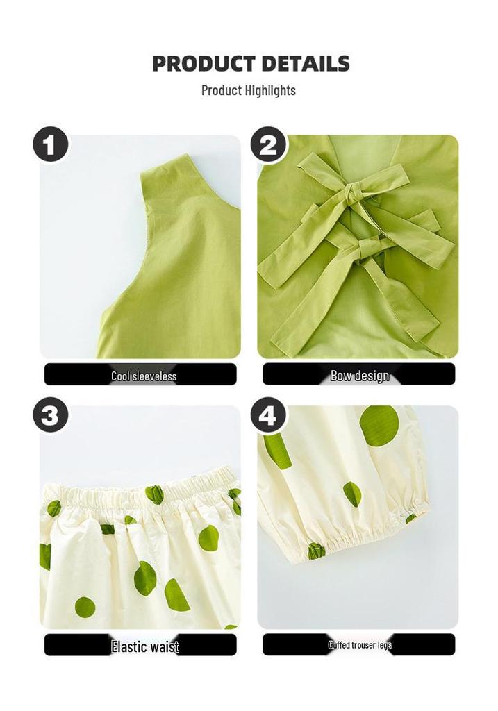 2026 Summer Girls' Cute Polka Dot Backless Vest & Pants Set - Casual Two-Piece for Kids