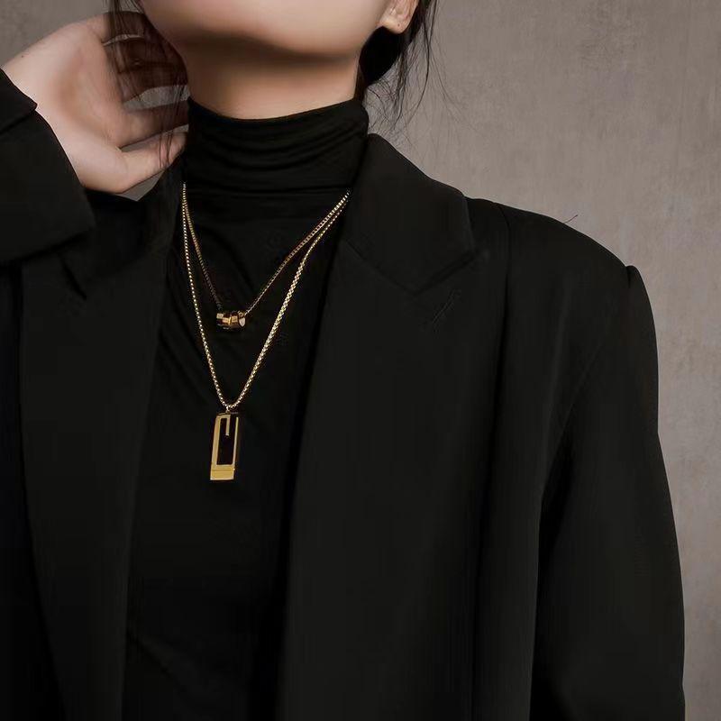 Fashionable and Simple Double Layered Square Brand Pendant Necklace Versatile Double Layer Sweater Chain Clavicle Chain Women