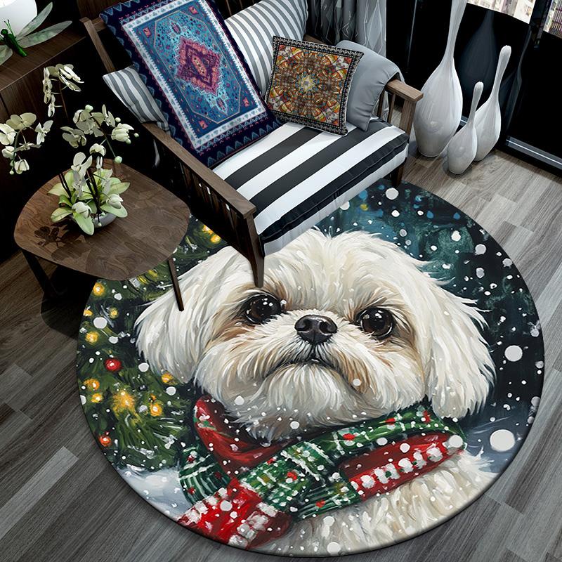 Winter Dog Round Area Rug,Carpet Rug for Living Room Bedroom Sofa Playroom Decor,Non-slip Floor Mat