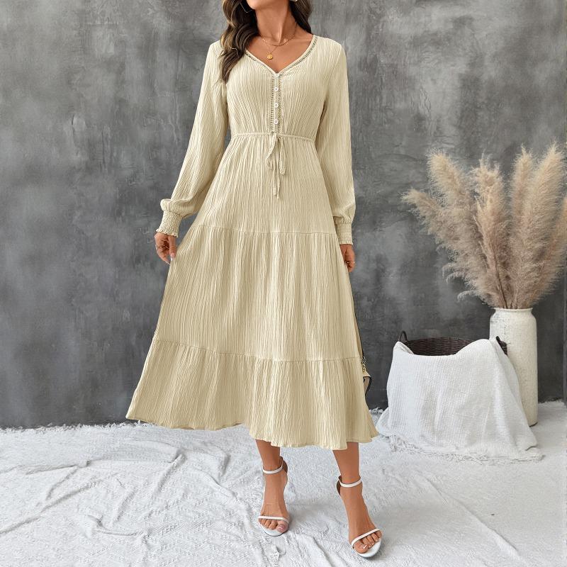Spring Autumn V-neck Elegant Fashion Lace Up A-line Dress Women Long Sleeve Casual Fashion Robe Vestidos