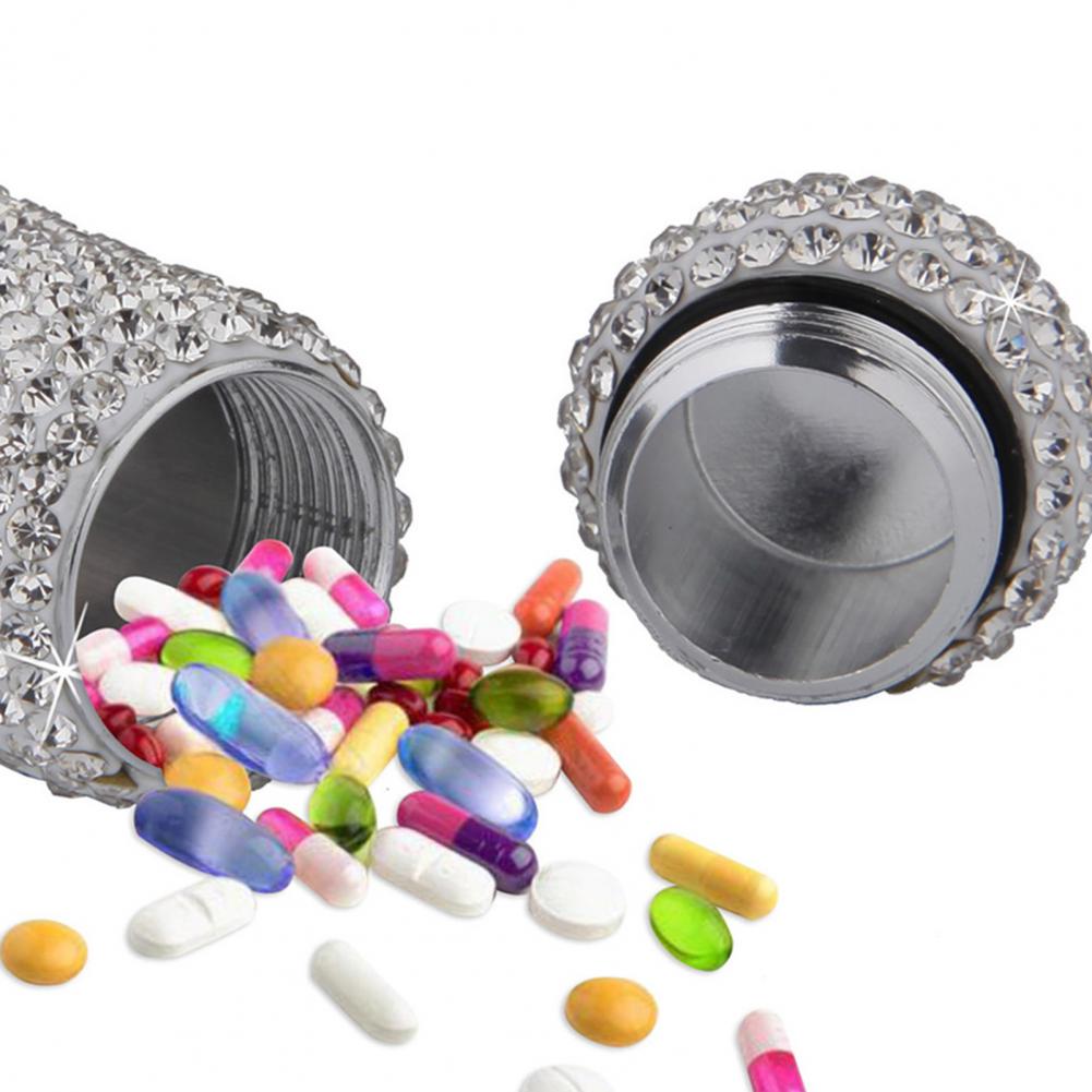 Medicine Organizer Bottle Pill Box Tablet Holder Sparkling Fine Workmanship Full Rhinestone Aluminum Alloy Vial for Hiking