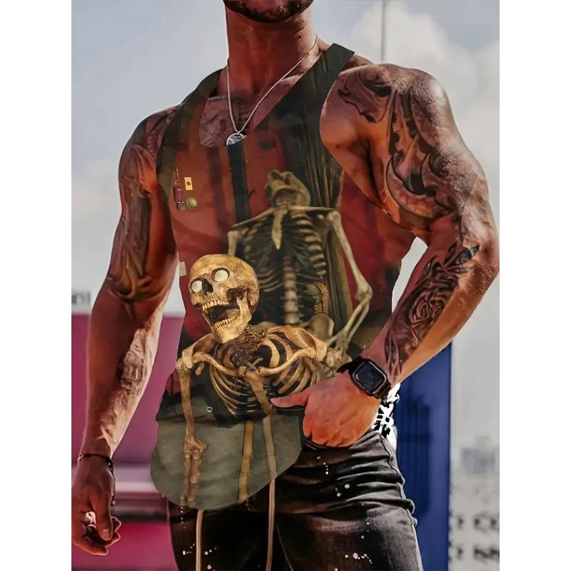 

Summer Round Neck 3D Skeleton Pattern Printed Top Fashionable Casual Sleeveless Vest Men s T-shirts S