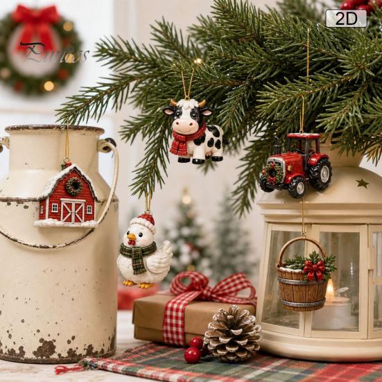 Family Christmas Tradition Farm Advent Calendar 24Pcs Acrylic 2D Ornament Set with Rustic Barn Unique Countdown Kit Animal Designs for Holiday