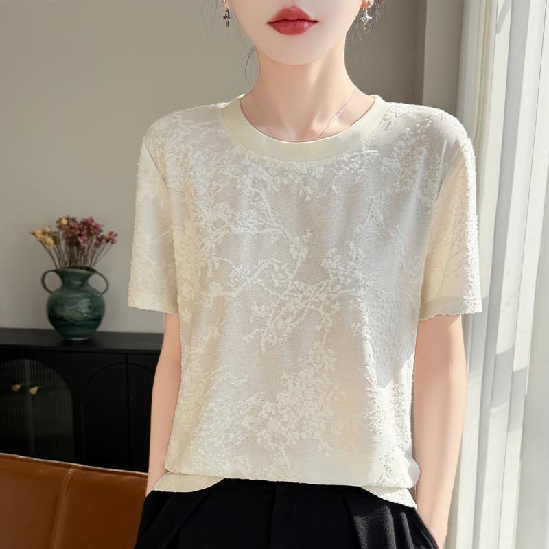 Silk Short Sleeve T Shirt With Jacquard Weaving For Casual Wear
