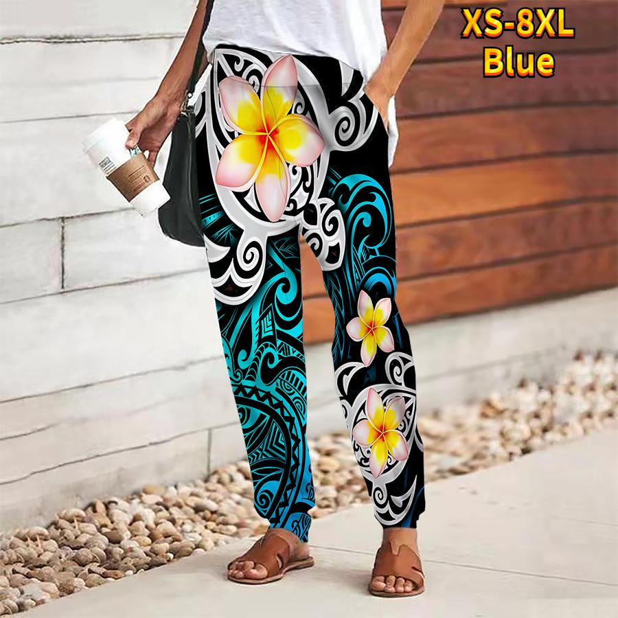 Women Flower Printing Pants Lace Up Elastic Waist Loose  Trousers Casual Long Pants Trousers with Pockets