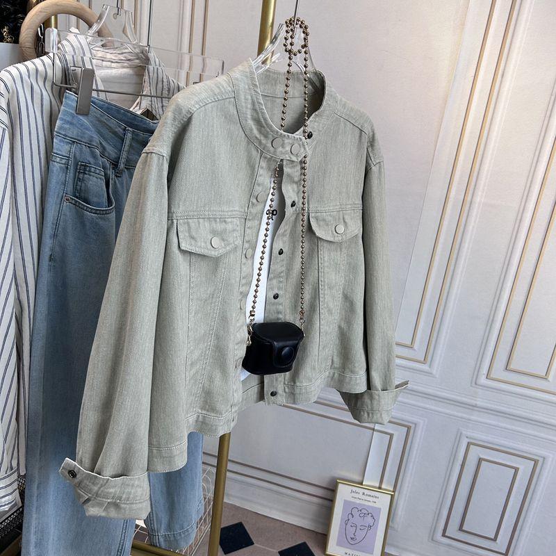 

Korean Style Stand Collar Outwear Women s 2025 New Arrival Casual Loose Short Retro Pink Denim Jacket Tops Spring and Autumn Clothing Apricot Green M