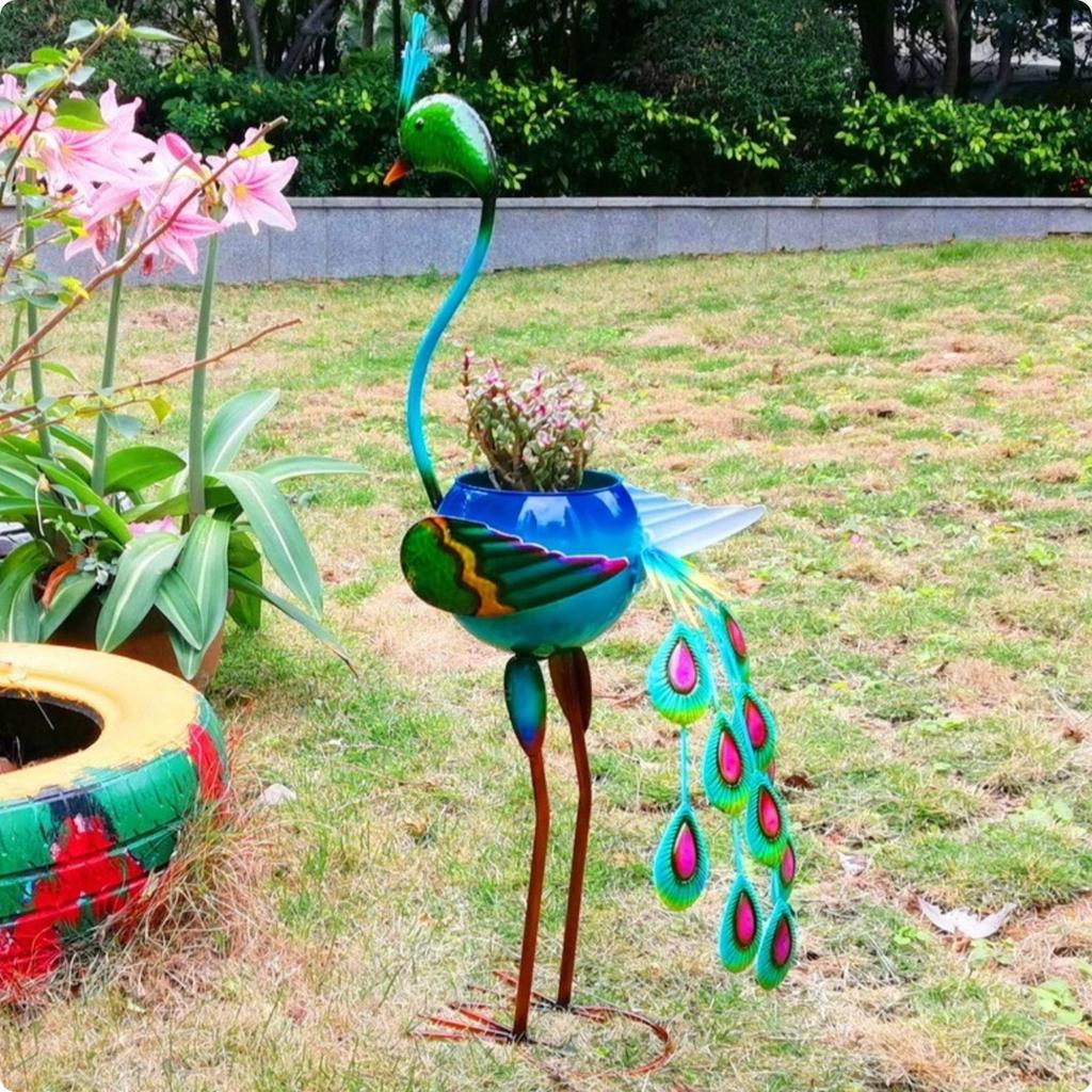 Pot Colorful Metal Animal Planter Freestanding Peacock
