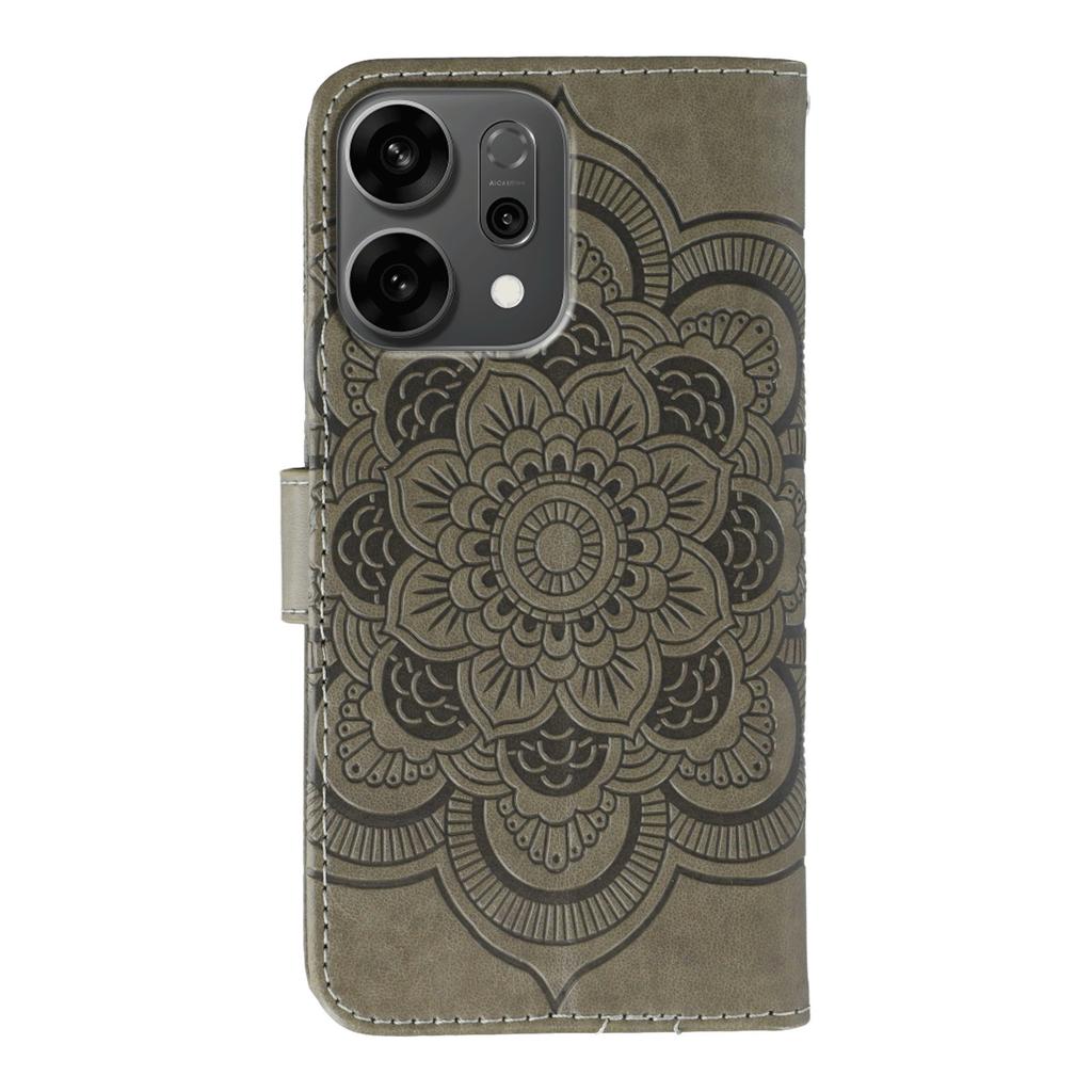 For Oppo Reno14 5G (Global) Case Rhinestone Decor PU Leather Mandala Imprinted Design Phone Cover with Wrist Strap