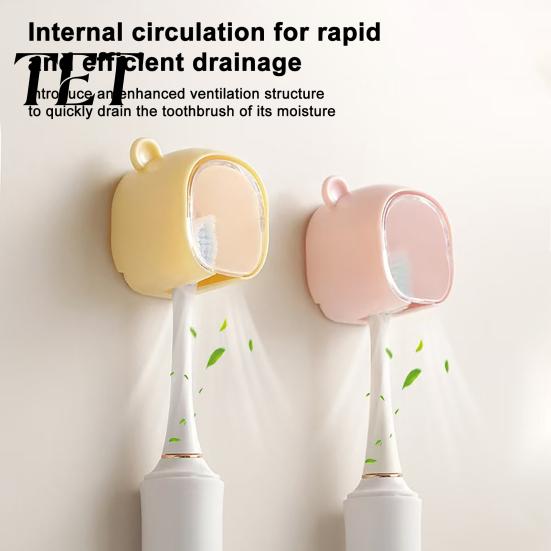 Wall Mounted Toothbrush Holder Cute Bear with Dustproof Flip Cover, Single Electric Organizer Dispenser Storage Organizer, Drill-free Electric/Manual