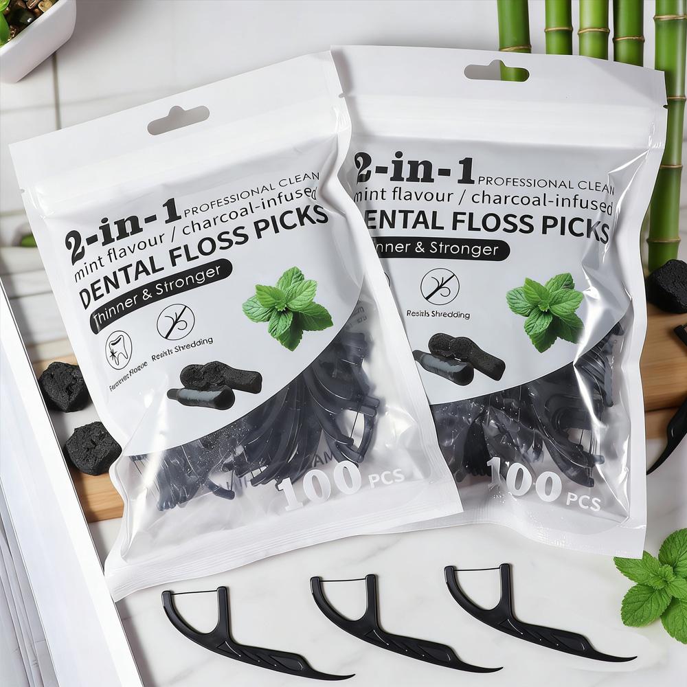 

RIMI SMILE Bamboo Charcoal Mint Dental Floss Picks 200PCS (2 Packs) High Tensile Thin Smooth Interdental Cleaning Oral Care Tool